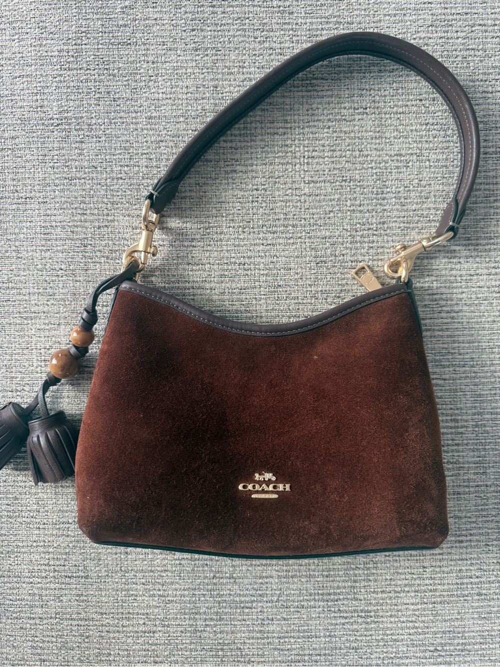 Coach Brown Suede Leather Shoulder Crossbody Bag Tassel Gold Hardware